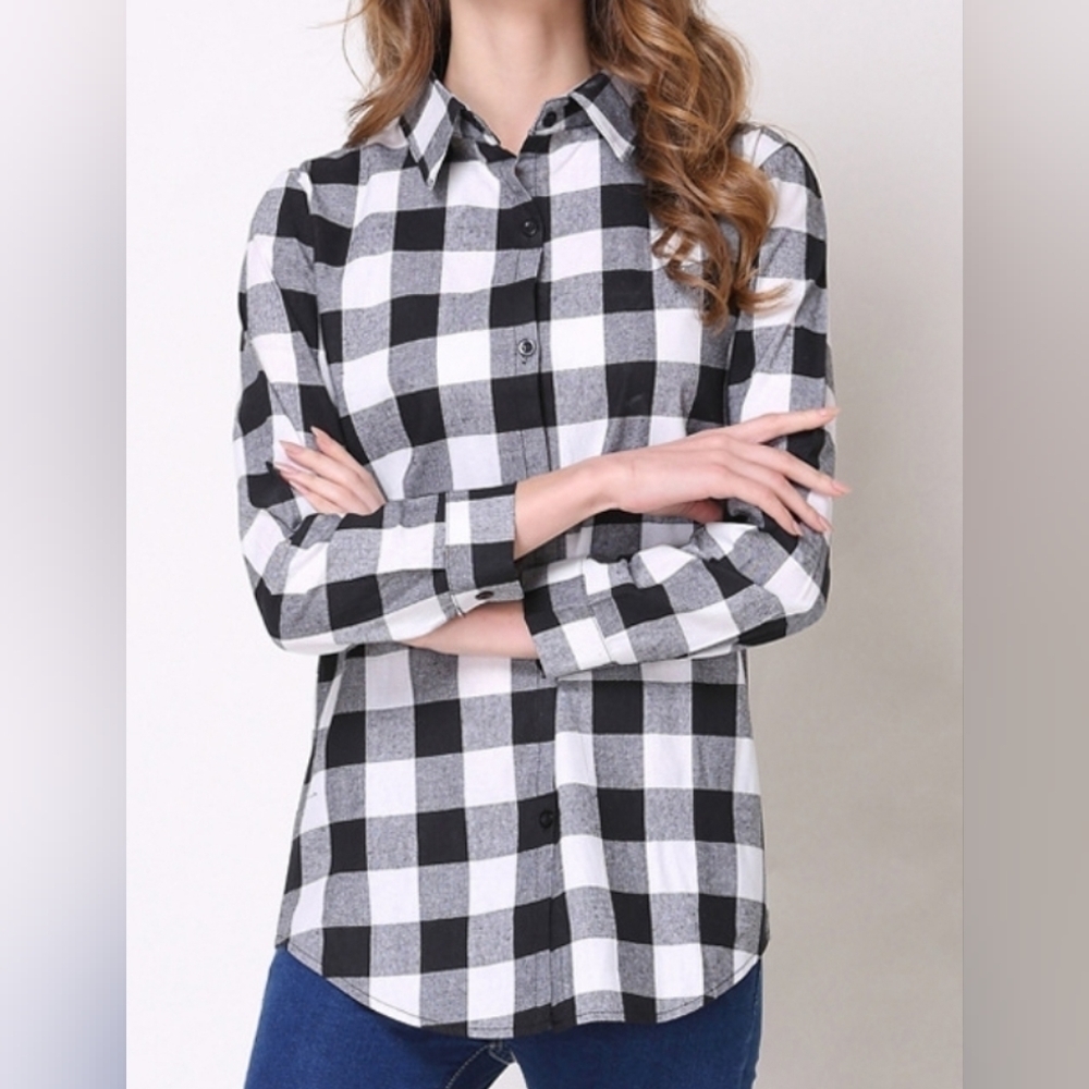 SHEIN Black White Buffalo Plaid Button Front Shirt Womens Small